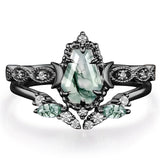 Sterling Silver 10K 14K 18K Gold Vintage Nature Moss Agate Engagement Ring Sets for Women
