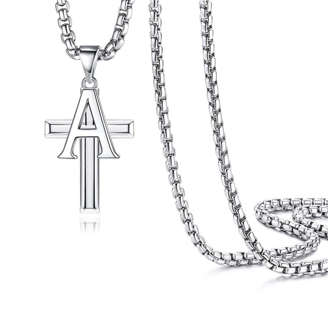 White Gold Plated Stainless Steel Cross Initial Necklaces Cross Pendant Necklaces for Men Women Gifts