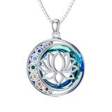 Sterling Silver Crystal Triple Moon Goddess Hamsa Hand Lotus Tree of Life Flower of Life Chakra Pendant Necklace