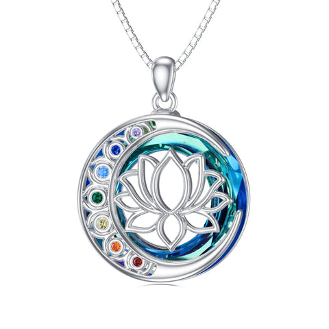 Sterling Silver Crystal Triple Moon Goddess Hamsa Hand Lotus Tree of Life Flower of Life Chakra Pendant Necklace