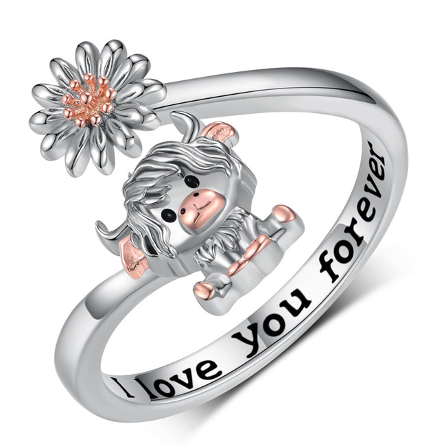 Highland Cow Open Ring 925 Sterling Silver Adjustable Cute Cow Open Rings with Loving Heart Cow Jewelry Gift for Women Girl