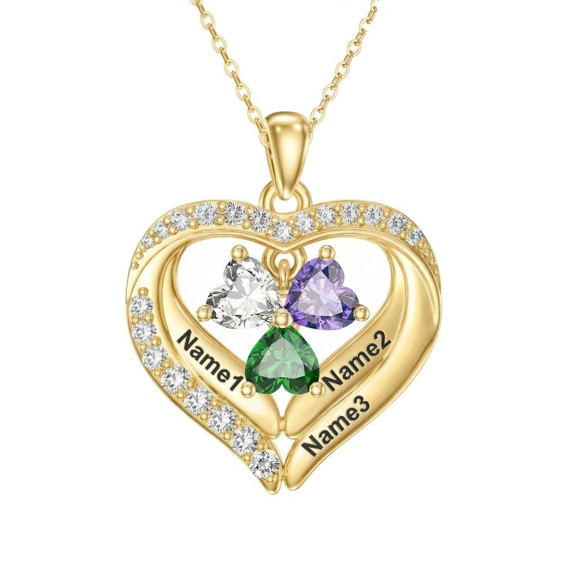 14K Gold Plated Personalized 1-5 Heart Birthstone Names Necklace  for Women