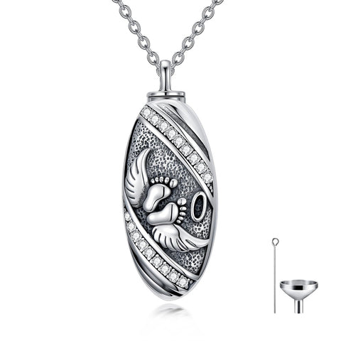 Sterling Silver Oval Paw Prints Dog FootPrints  Heart Rabbit Urn Necklace for Ashes Keepsake Jewelry for Women