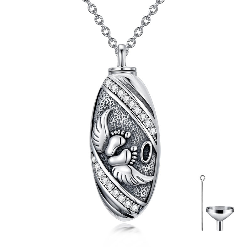 Sterling Silver Oval Paw Prints Dog FootPrints  Heart Rabbit Urn Necklace for Ashes Keepsake Jewelry for Women