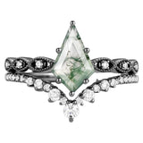 Sterling Silver 10K 14K 18K Gold  Personalized  Engraved Pear Kite Round Cut Moss Agate Engagement Ring Set
