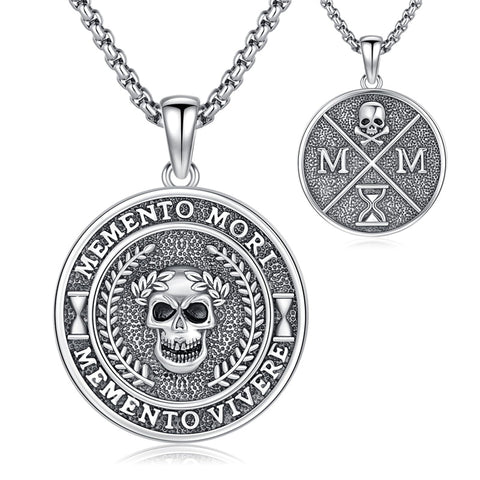 Sterling Silver Gothic Skull Memento Mori Pendant Necklace