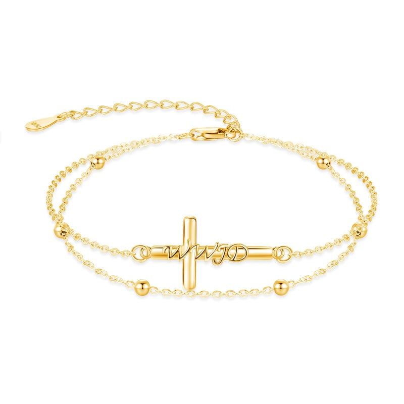 14K Gold Plated  Faith Cross Religious  Double Layered Anklet