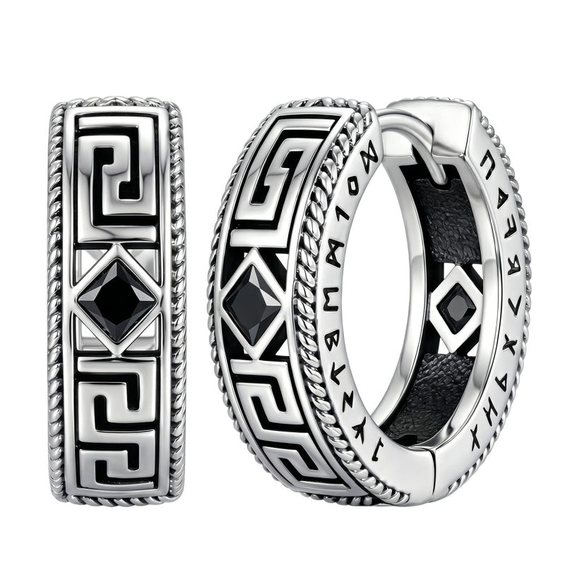 14K Gold Plated  Cubic Zircon Norse Viking Runes Hoop Earrings Viking Jewelry Gift for Men