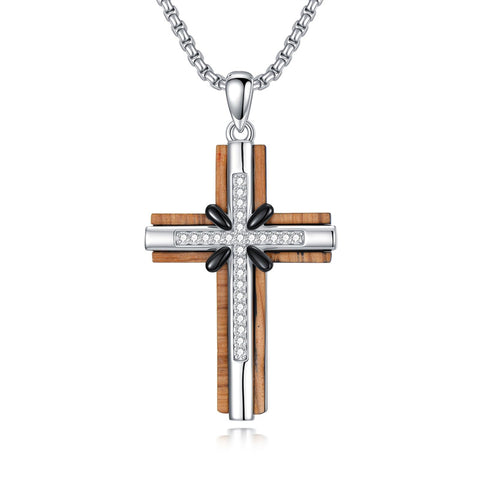 Sterling Silver Wooden Cross Pendant Necklace