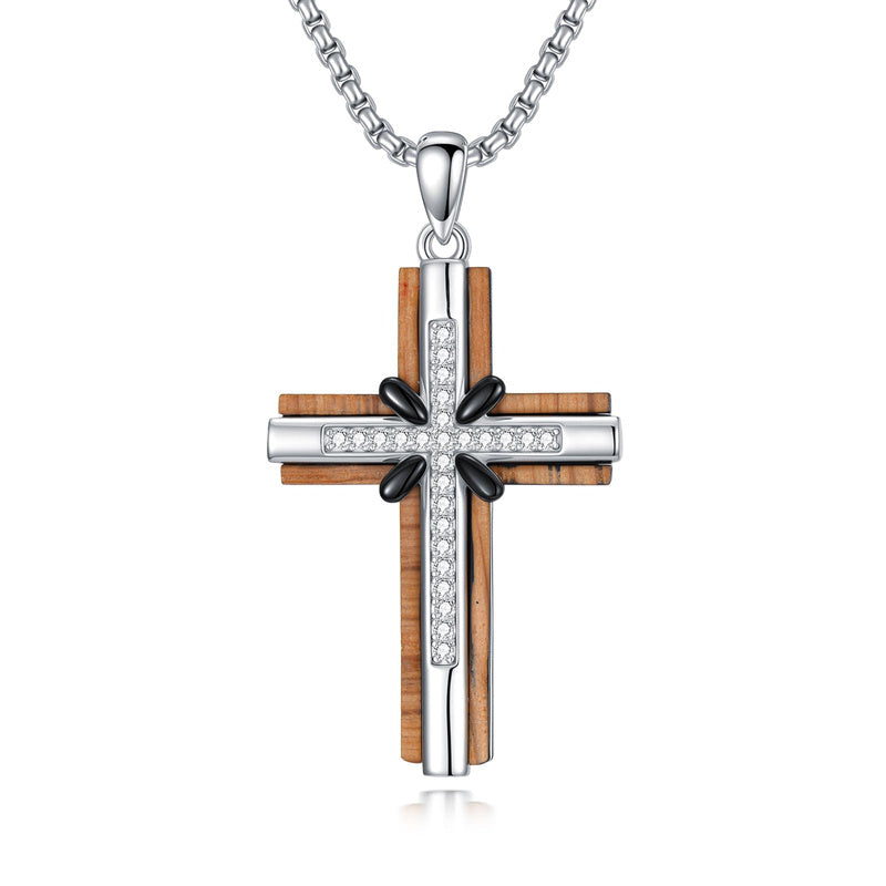 Sterling Silver Wooden Cross Pendant Necklace