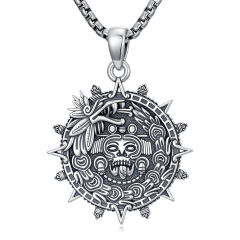 Sterling Silver Mictlantecuhtli Quetzalcoatl Tezcatlipoca Skull Pendant Necklace Aztec Jewelry