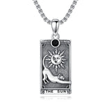 Sterling Silver Obsidian Lover Justice Cat Sun Moon Tarot Card Pendant Necklace