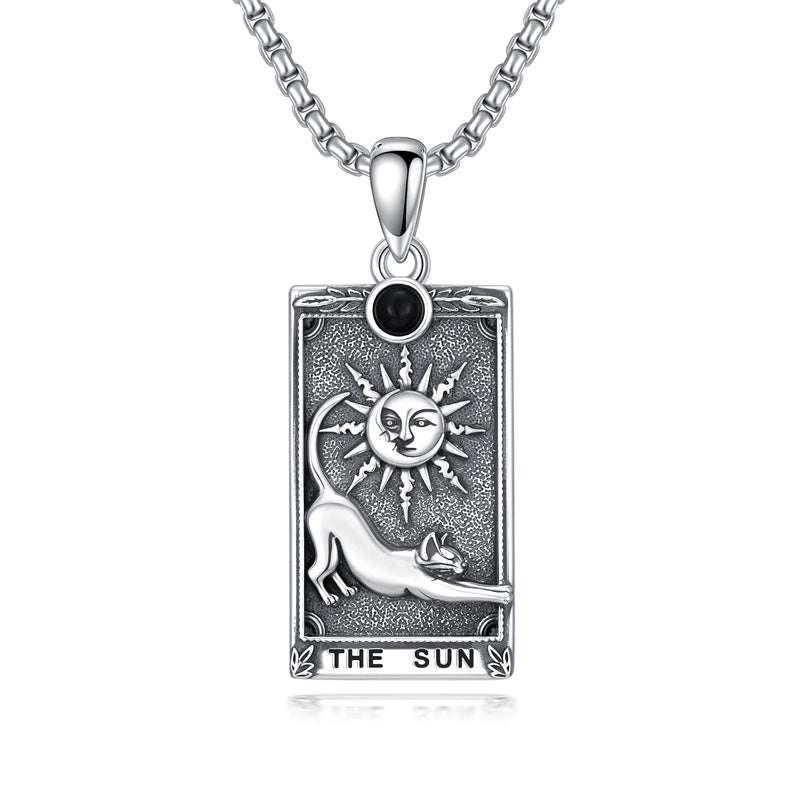Sterling Silver Obsidian Lover Justice Cat Sun Moon Tarot Card Pendant Necklace