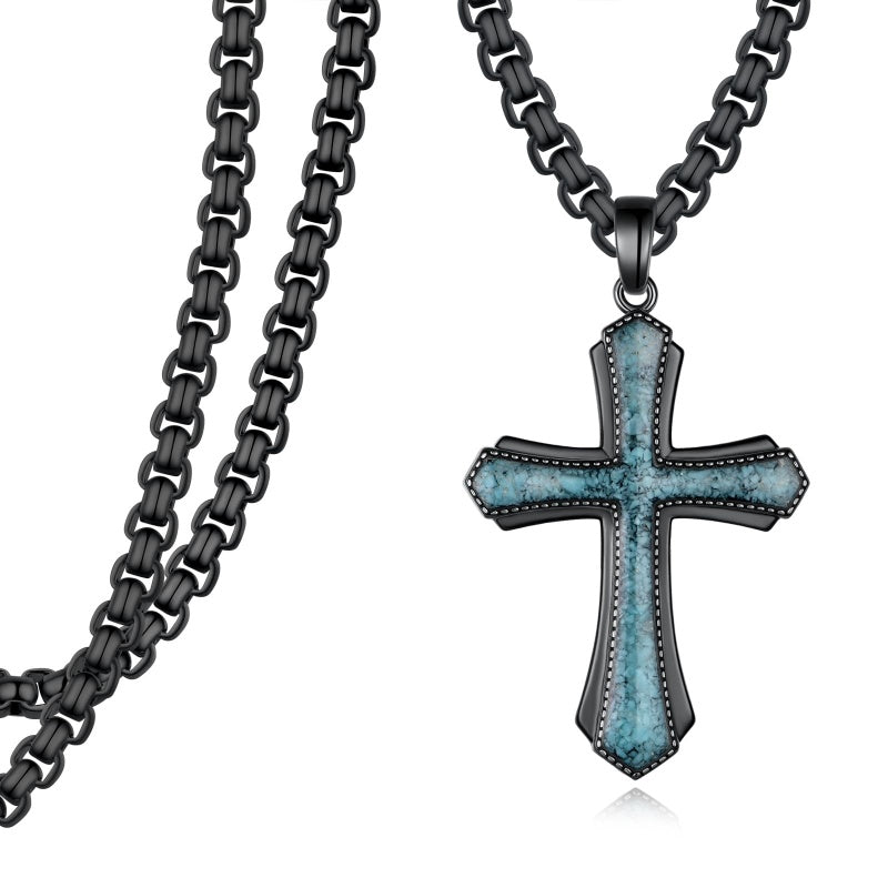 14K Gold Plated Turquoise Malachite Abalone Shell Cross Pendant Necklace for Men