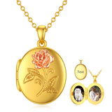 10K 14K 18K Solid Gold Personalized Photo Oval Sunflower Rose Pendant Necklace