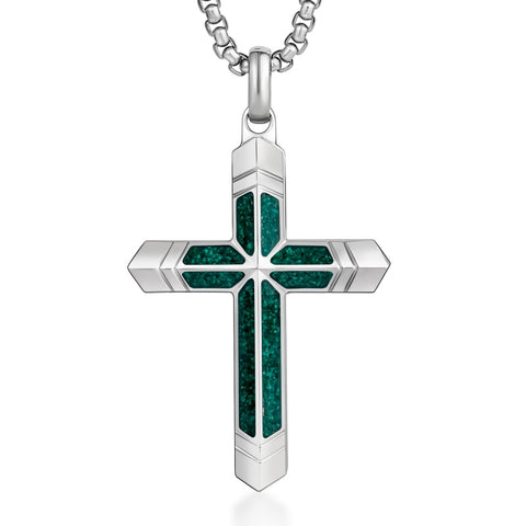 14K Gold Plated Turquoise Malachite Cross Necklace for Men Christianity Cross Jewelry