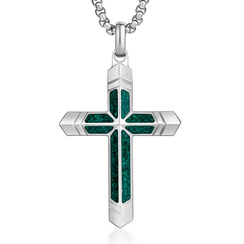 14K Gold Plated Turquoise Malachite Cross Necklace for Men Christianity Cross Jewelry