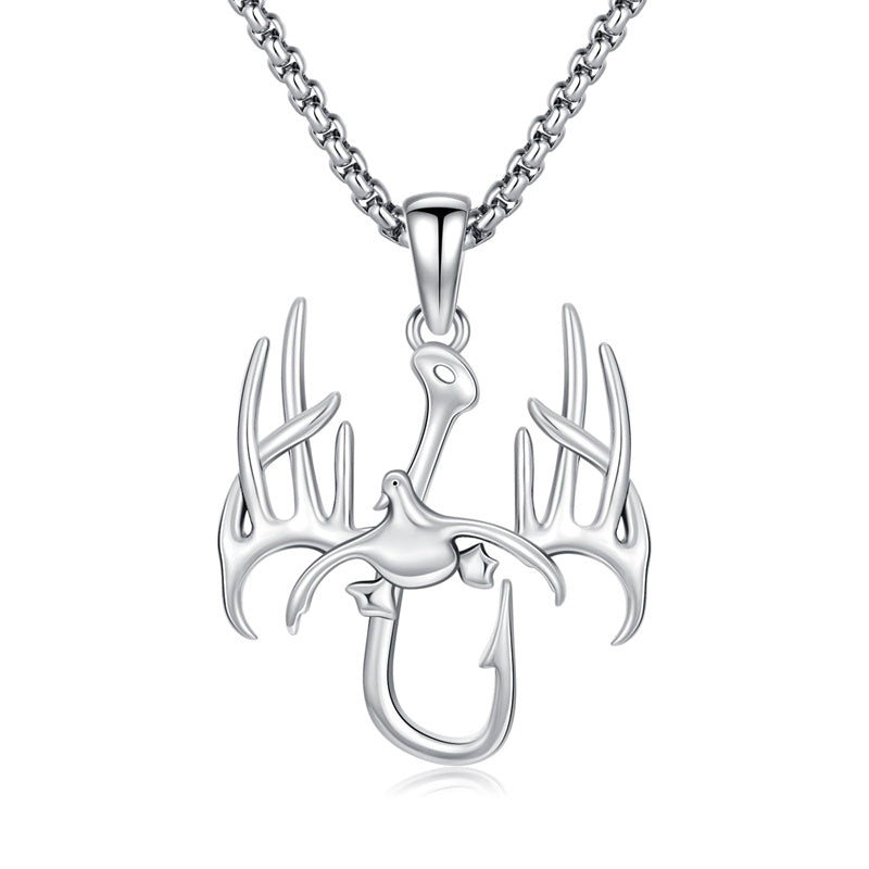 Sterling Silver Fish Hook& Antler Duck Pendant Necklace for Men, Silver