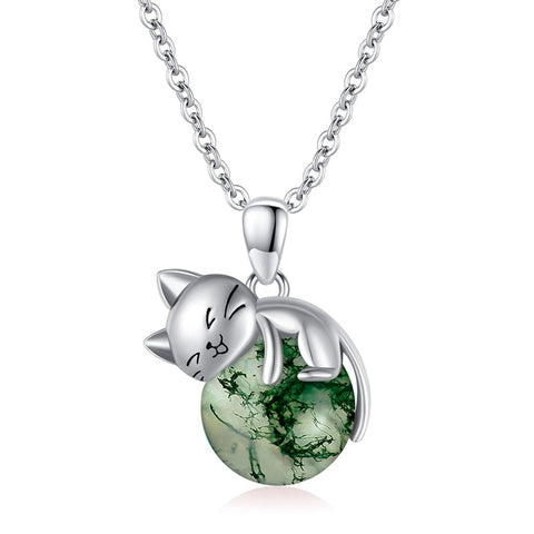 Sterling Silver Turquoise Larimar Labradorite Moss Agate Blue Sandstone  Cat Pendant Necklace