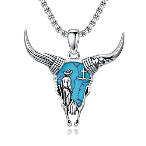Sterling Silver Turquoise Cow Skull Pendant Necklace