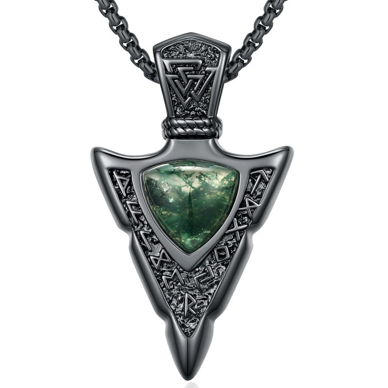 14K Gold Plated Moss Agate Turquoise Valknut Viking Arrow Head Pendant Necklace for Men