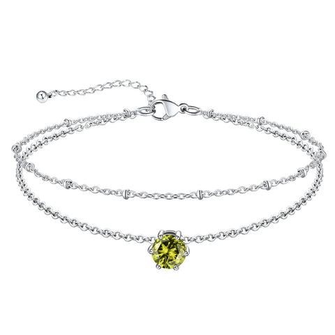 Sterling Silver  Round Birthstone Double Layer Charm Anklet