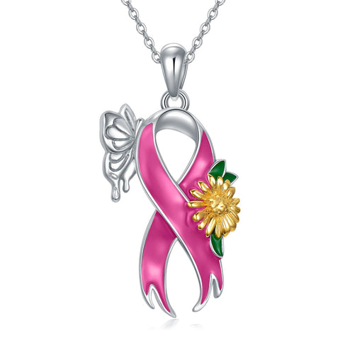 Sterling Silver Butterfly Glove Fight Sunflower Pink Ribbon Pink Breast Cancer Awareness Pendant Necklace