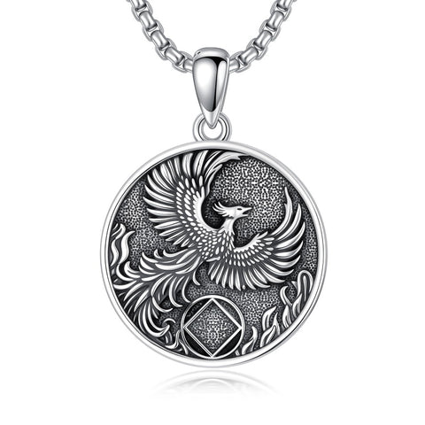 Sterling Silver Phoenix Rising Pendant Necklace NA/AA Sobriety Jewelry