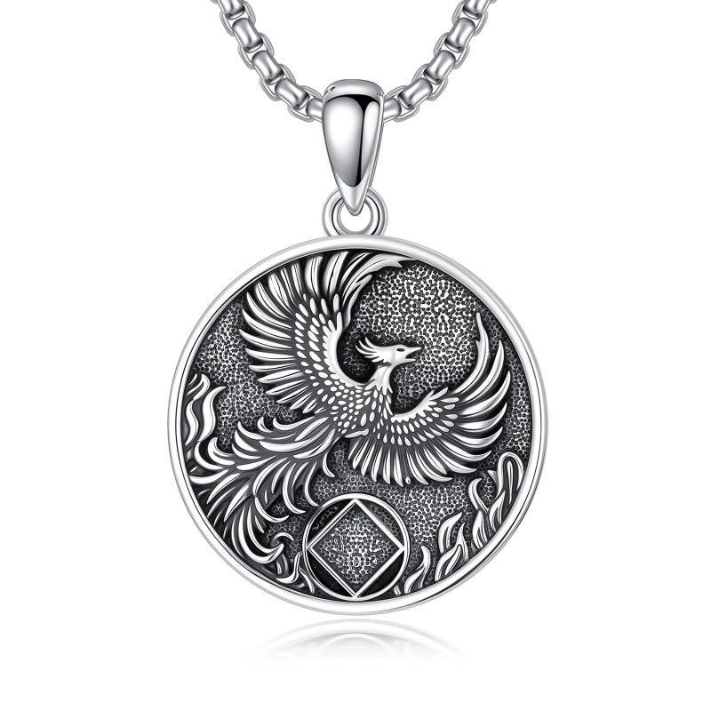 Sterling Silver Phoenix Rising Pendant Necklace NA/AA Sobriety Jewelry