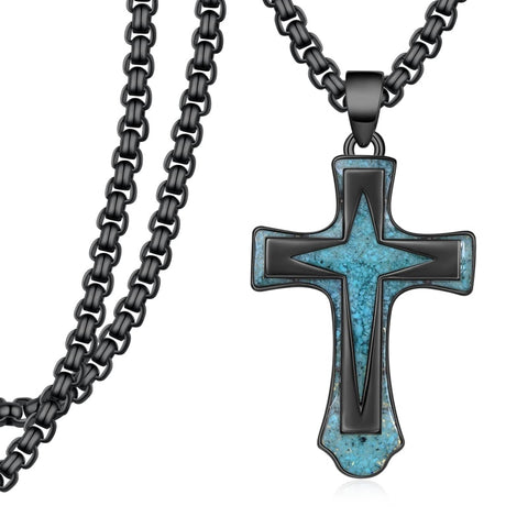 14K Gold Plated Turquoise Malachite Abalone Shell Cross Pendant Necklace for Men