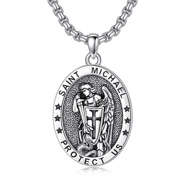 925 Sterling Silver St Michael Oval Round Medal Archangel Cross Necklace
