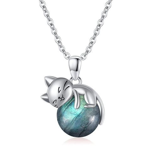 Sterling Silver Turquoise Larimar Labradorite Moss Agate Blue Sandstone  Cat Pendant Necklace