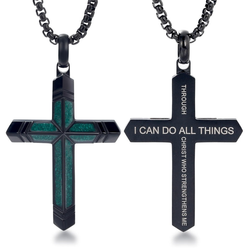 14K Gold Plated Turquoise Malachite Cross Necklace for Men Christianity Cross Jewelry