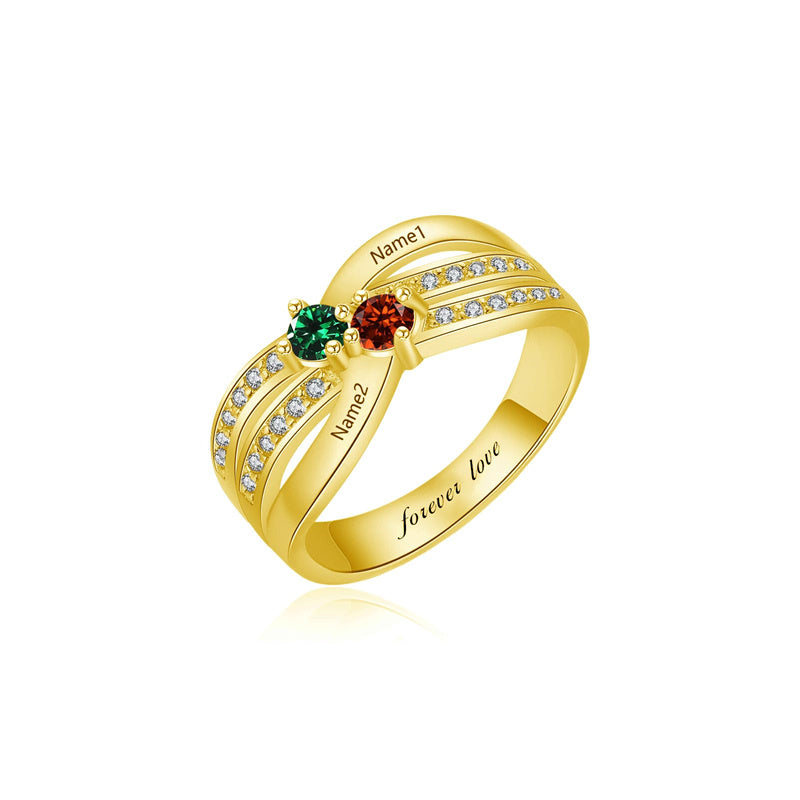 10K 14K 18K Gold Personalized 2 Birthstones Engraved Ring Mother's Day Gift