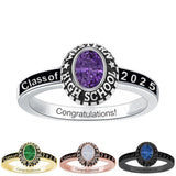 Sterling Silver Oval Personalized Birthstone Engraved Class Ring for Women