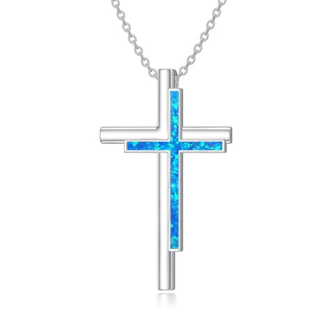 Sterling Silver Opal Cross Pendant Necklace  for Women