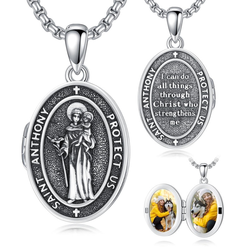 Sterling Silver Personalized Photo St. Anthony Francis Sebastian Medal Protection Necklace Catholic Christian Jewelry