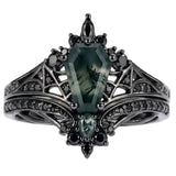Sterling Silver 10K 14K  18K Gold Personalized Engraved Moss Agate Gothic Promise Wedding Engagement Black Ring Set