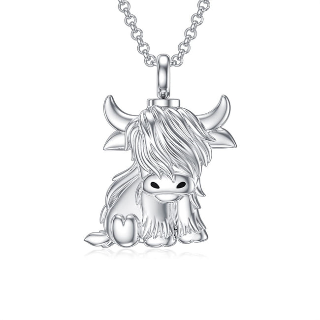 Urn Necklace for Ashes 925 Sterling Silver Highland Cow Cremation Necklaces Memorial Keepsake Jewelry Pendant for Women Men with Filling Tool