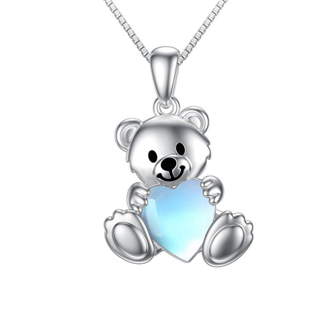 Sterling Silver Crystal Moonstone Teddy Bear Pendant Necklace