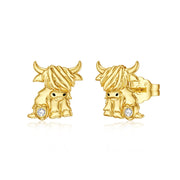 14K Real Gold Highland Cow Earrings for Women,Yellow Gold Heart Cattle Stud Earrings Jewelry Anniversary Birthday Gifts for Her