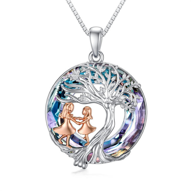 Tree of Life Sister Necklace 925 Sterling Silver Friendship Crystal Pendant Necklace Gifts for Women Girls