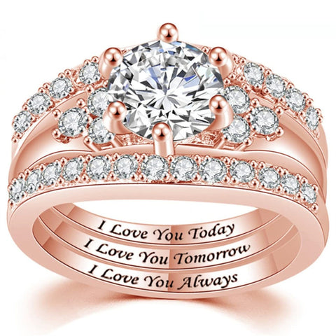 Copper Round Shaped Cubic Zirconia Three-in-One Eternity Engagement Wedding Band Ring Set