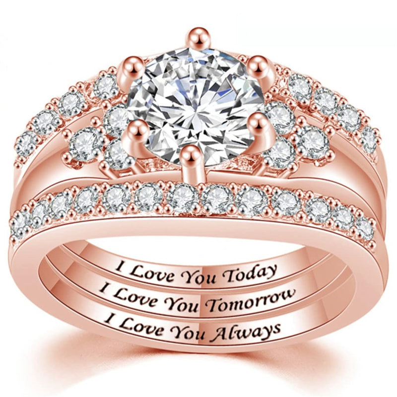 Copper Round Shaped Cubic Zirconia Three-in-One Eternity Engagement Wedding Band Ring Set