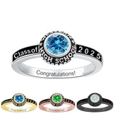 Sterling Silver Round Personalized Birthstone Engraved Class Ring for Women