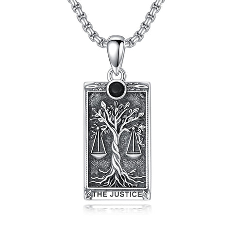 Sterling Silver Obsidian Lover Justice Cat Sun Moon Tarot Card Pendant Necklace