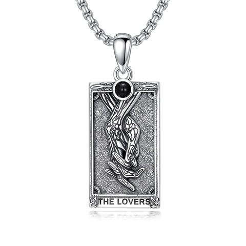 Sterling Silver Obsidian Lover Justice Cat Sun Moon Tarot Card Pendant Necklace