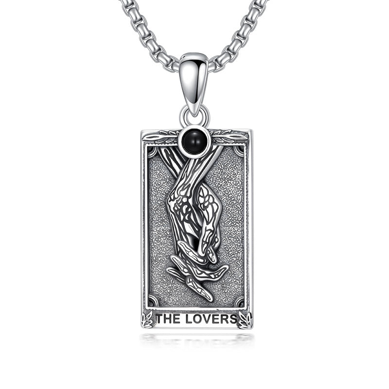 Sterling Silver Obsidian Lover Justice Cat Sun Moon Tarot Card Pendant Necklace