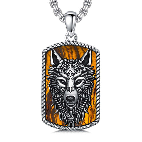 Sterling Silver Tiger Eye Wolf Pendant Necklace for Men