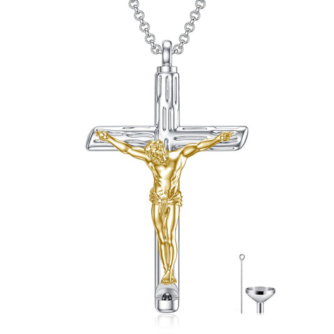 Cross Urn Necklaces For Ashes Sterling Silver Jesus Christ Crucifix Keepsake Cremation Jewelry for Men w/ Funnel Filler